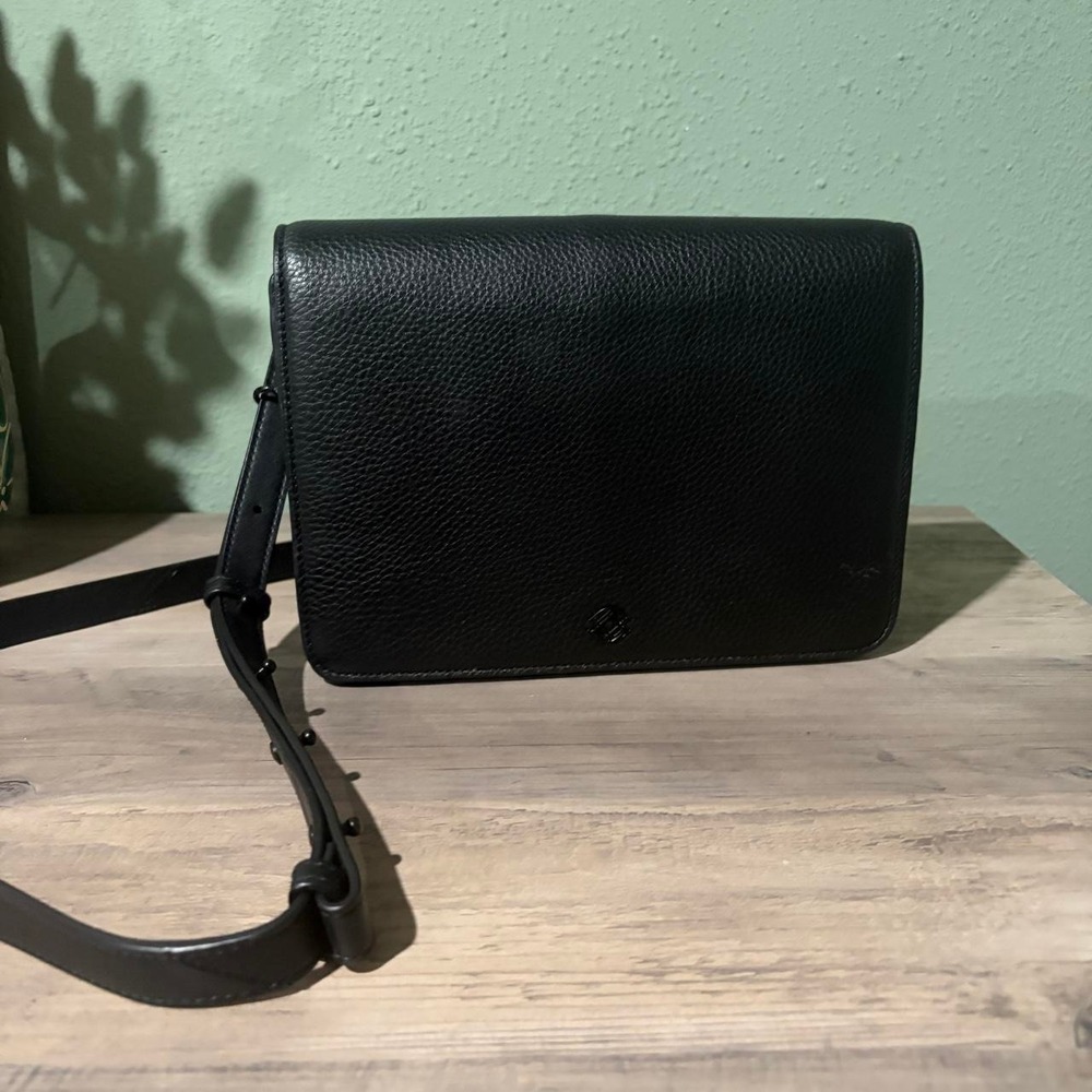 Dagne Dover Andra Crossbody Bag  Black Pebbled Leather Minimalist Flap Purse
